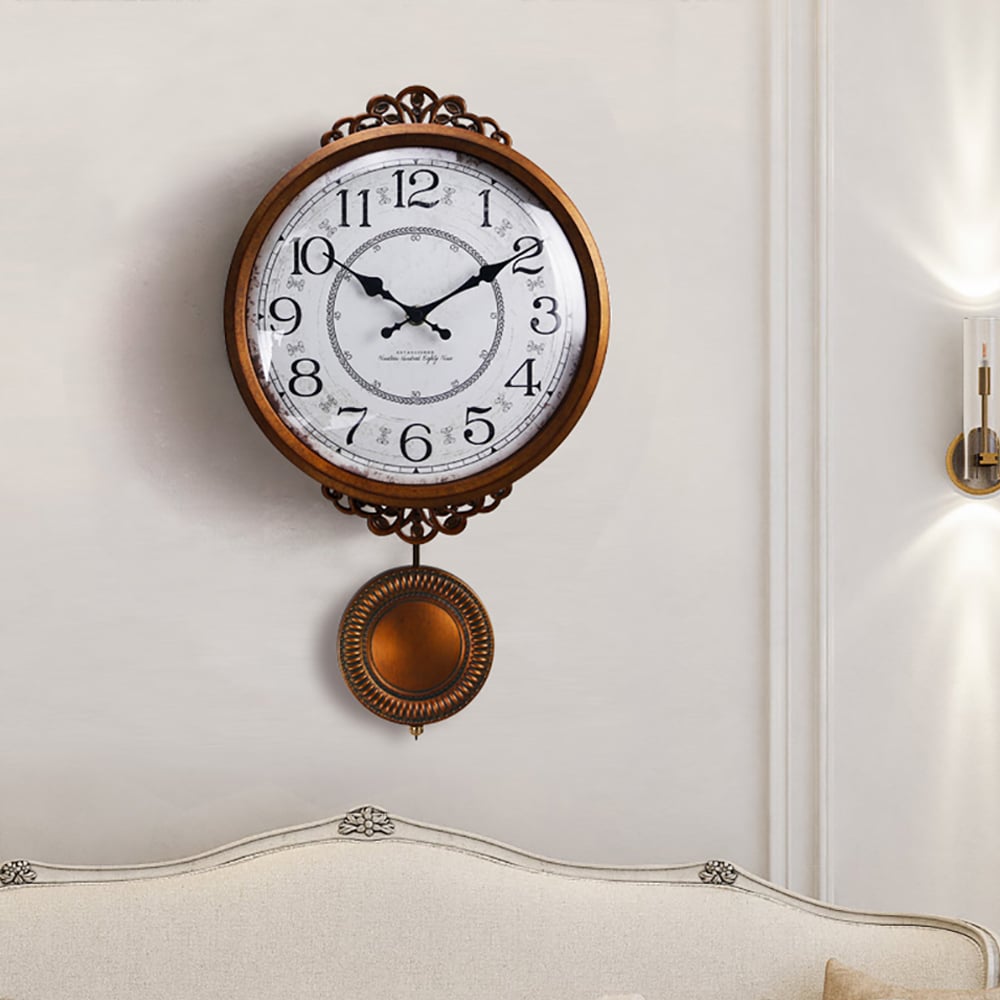 Hollow-out Floral Design Retro Wall Clock with Classical Pendulum window image