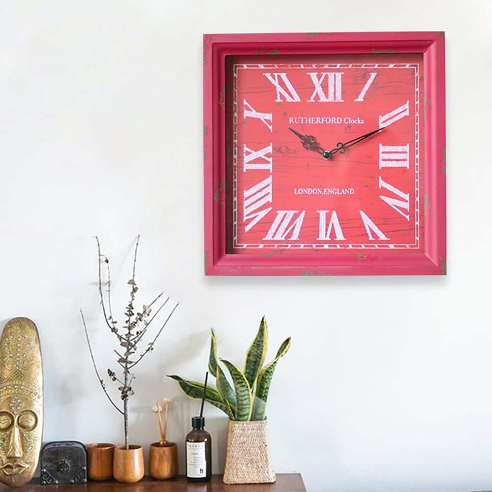 355mm Square Wooden Frame Retro Wall Clock with Roman Numbers window image