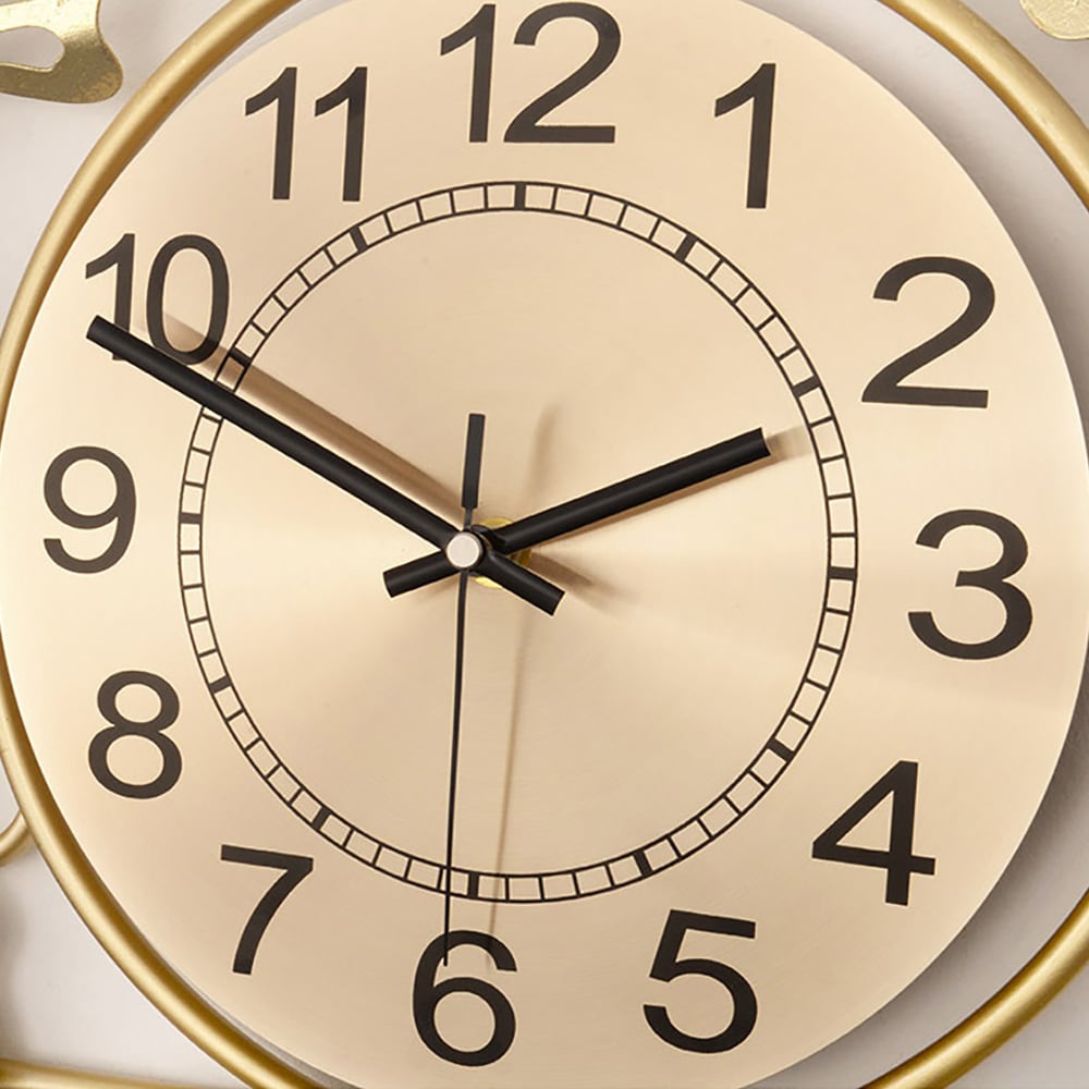 Gold & Green Metal Leaves Round Large Wall Clock Handmade Creative Home Decor window image