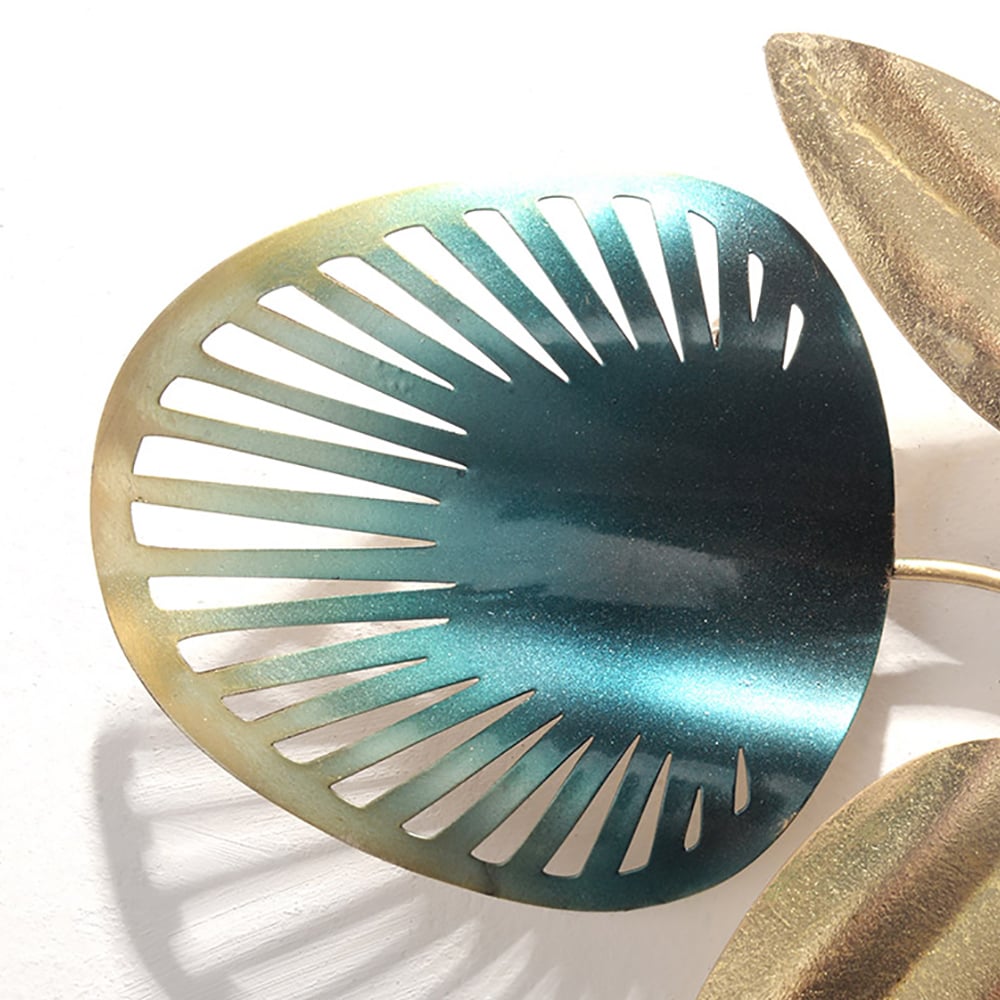 Gold & Green Metal Leaves Round Large Wall Clock Handmade Creative Home Decor window image