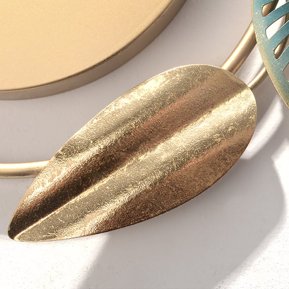 Gold & Green Metal Leaves Round Large Wall Clock Handmade Creative Home Decor window image