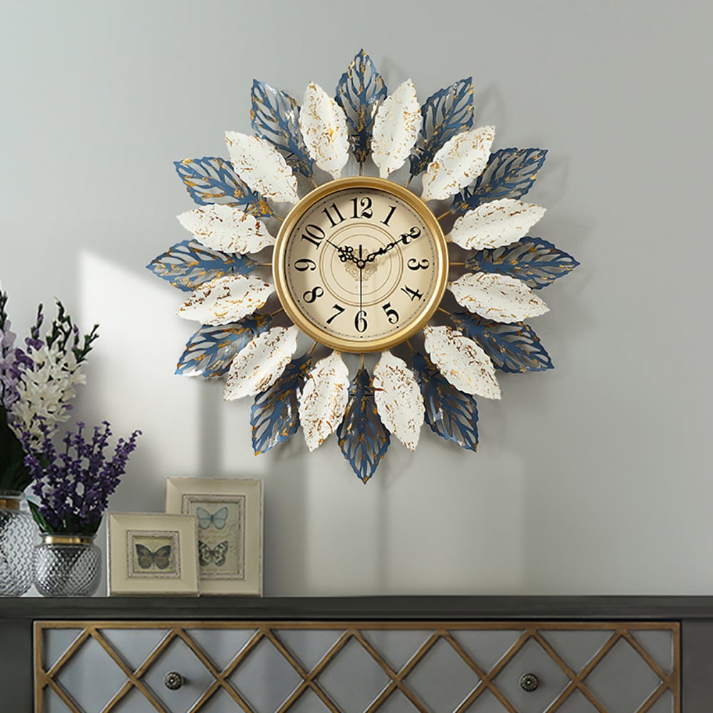 Style A Retro-Style 20.9" Large Wall Clock with Sunburst Design & Hollow-out Leaves window image