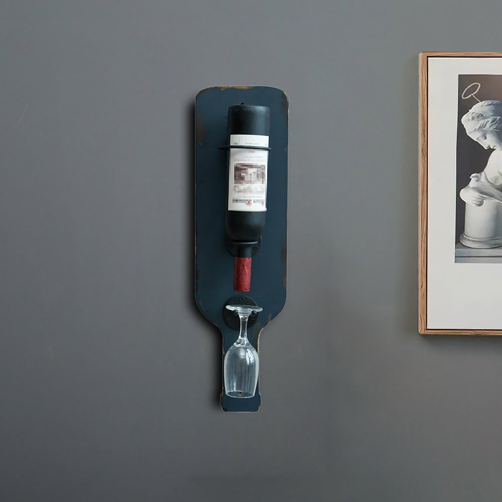 Dark Blue Unique Bottle Sculpt Wooden Wall Mounted Wine Rack with Glass Rack window image