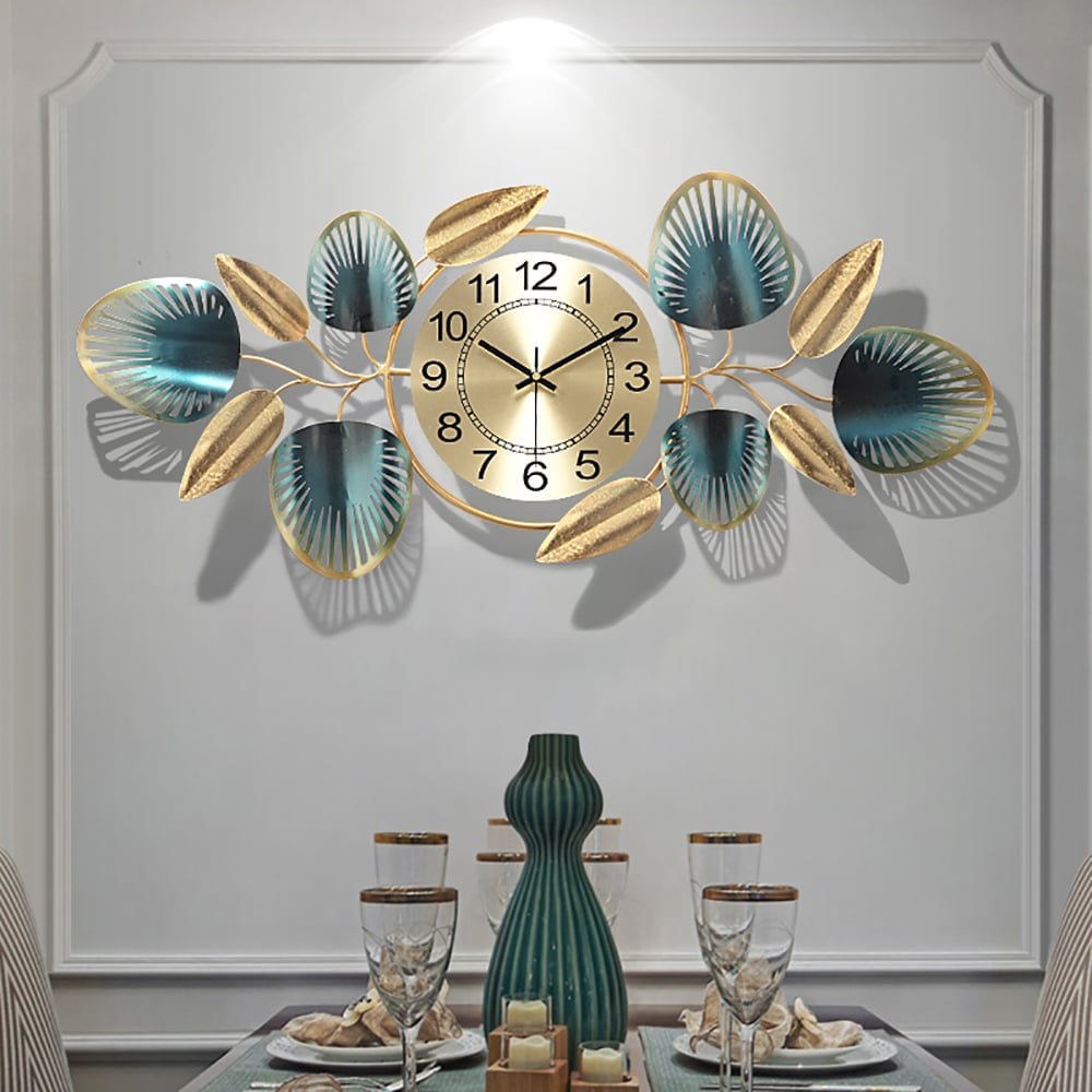 Gold & Green Metal Leaves Round Large Wall Clock Handmade Creative Home Decor window image