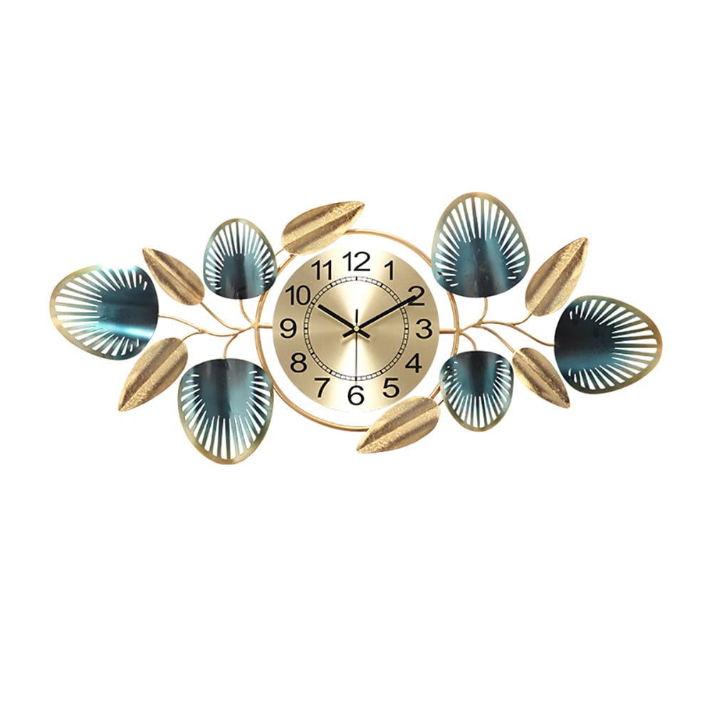 Gold & Green Metal Leaves Round Large Wall Clock Handmade Creative Home Decor window image