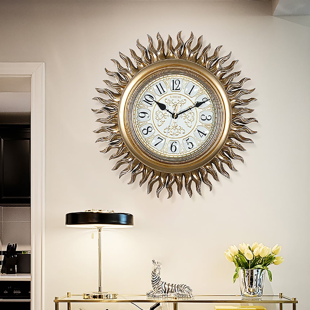 Horloge murale de luxe style européen rétro style soleil blanc et or 455 mm image de fenêtre