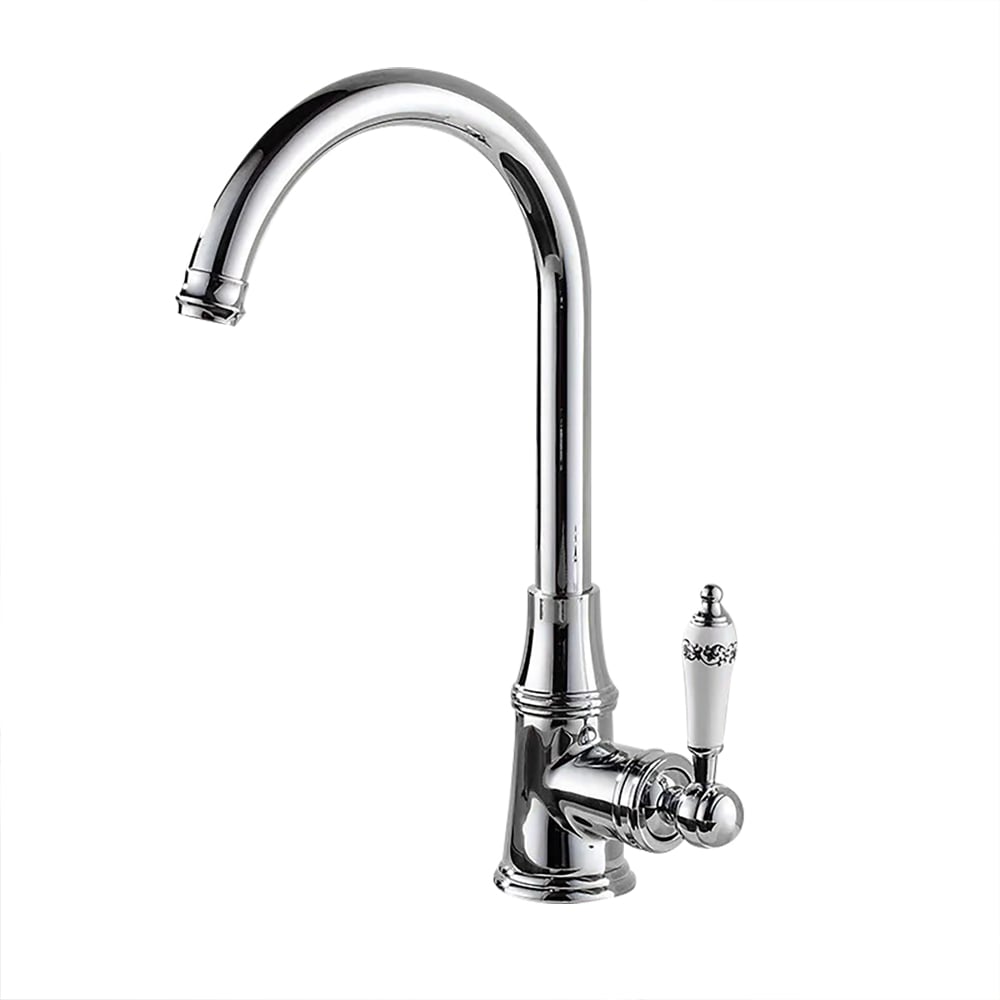 Classic Gooseneck White Single Porcelain Handle Kitchen Faucet in Solid Brass window image