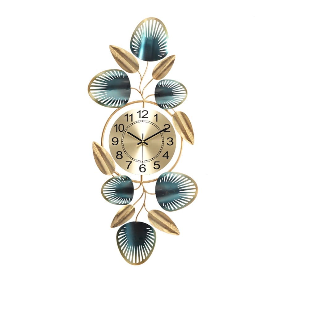 Gold & Green Metal Leaves Round Large Wall Clock Handmade Creative Home Decor window image