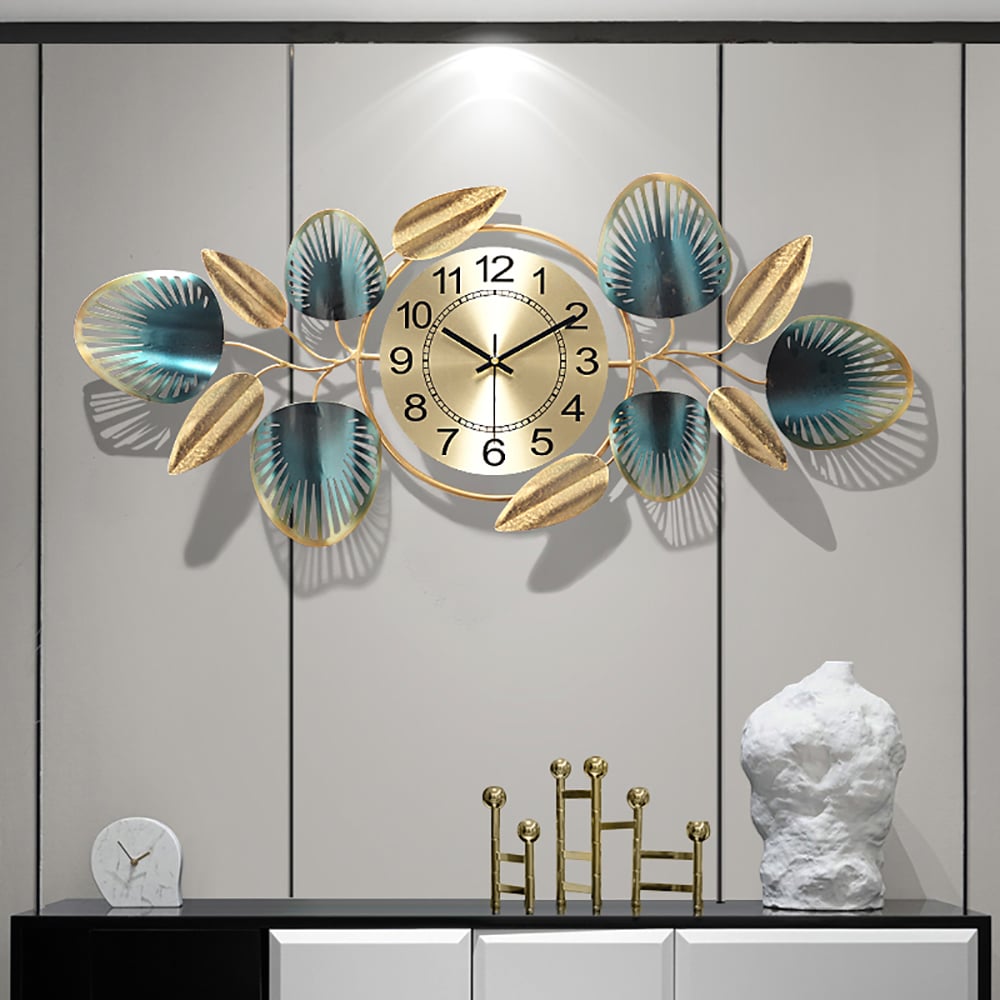 Gold & Green Metal Leaves Round Large Wall Clock Handmade Creative Home Decor window image