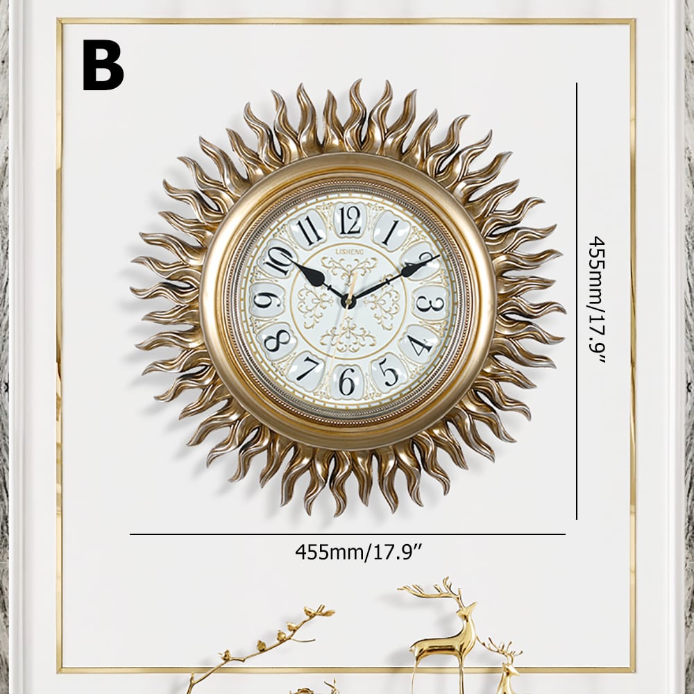 Horloge murale de luxe style européen rétro style soleil blanc et or 455 mm image de fenêtre