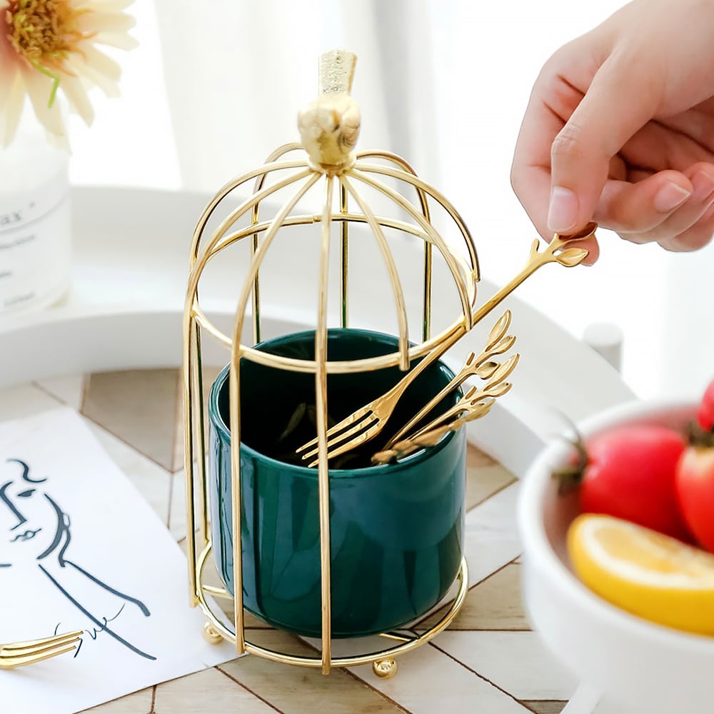 Bird Cage Utensil Organizer in Green&Gold/White&Gold-Green window image