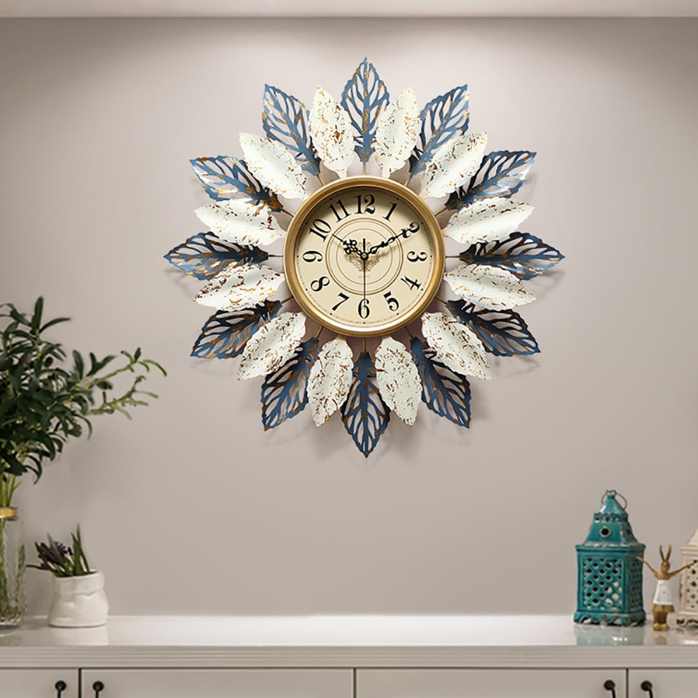Style A Retro-Style 20.9" Large Wall Clock with Sunburst Design & Hollow-out Leaves window image
