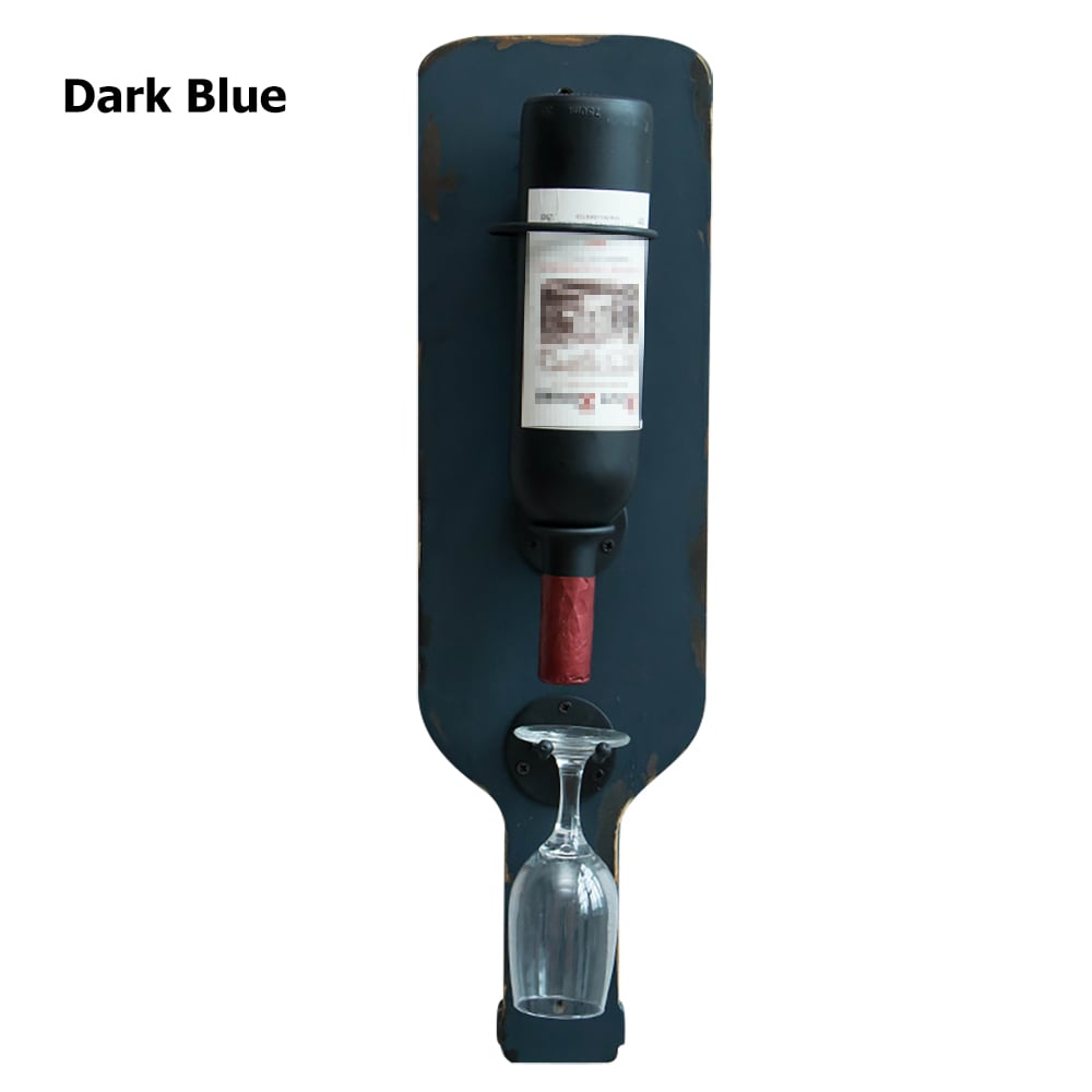 Dark Blue Unique Bottle Sculpt Wooden Wall Mounted Wine Rack with Glass Rack window image