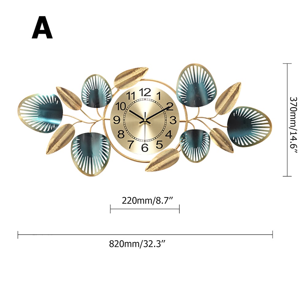 Gold & Green Metal Leaves Round Large Wall Clock Handmade Creative Home Decor window image