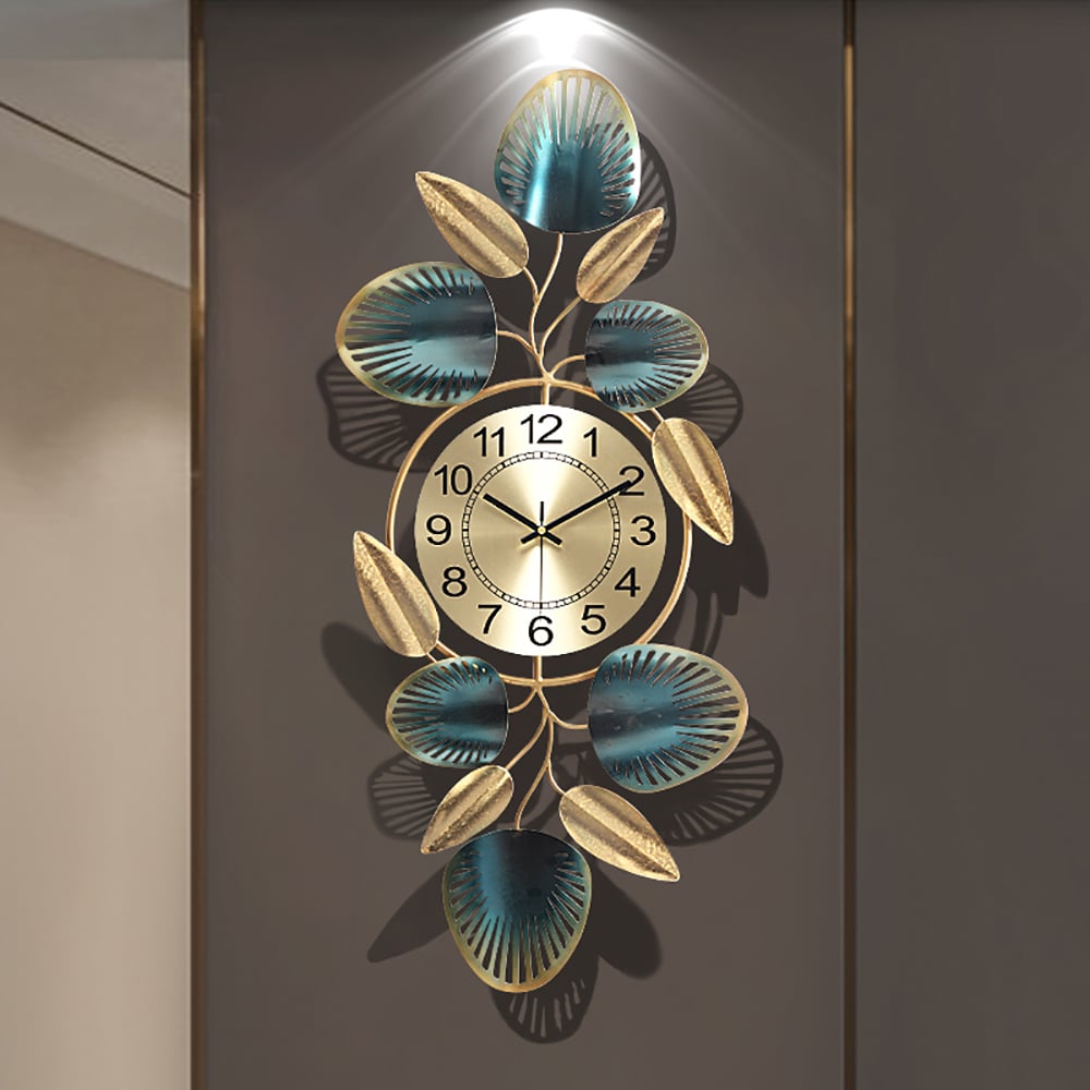 Gold & Green Metal Leaves Round Large Wall Clock Handmade Creative Home Decor window image
