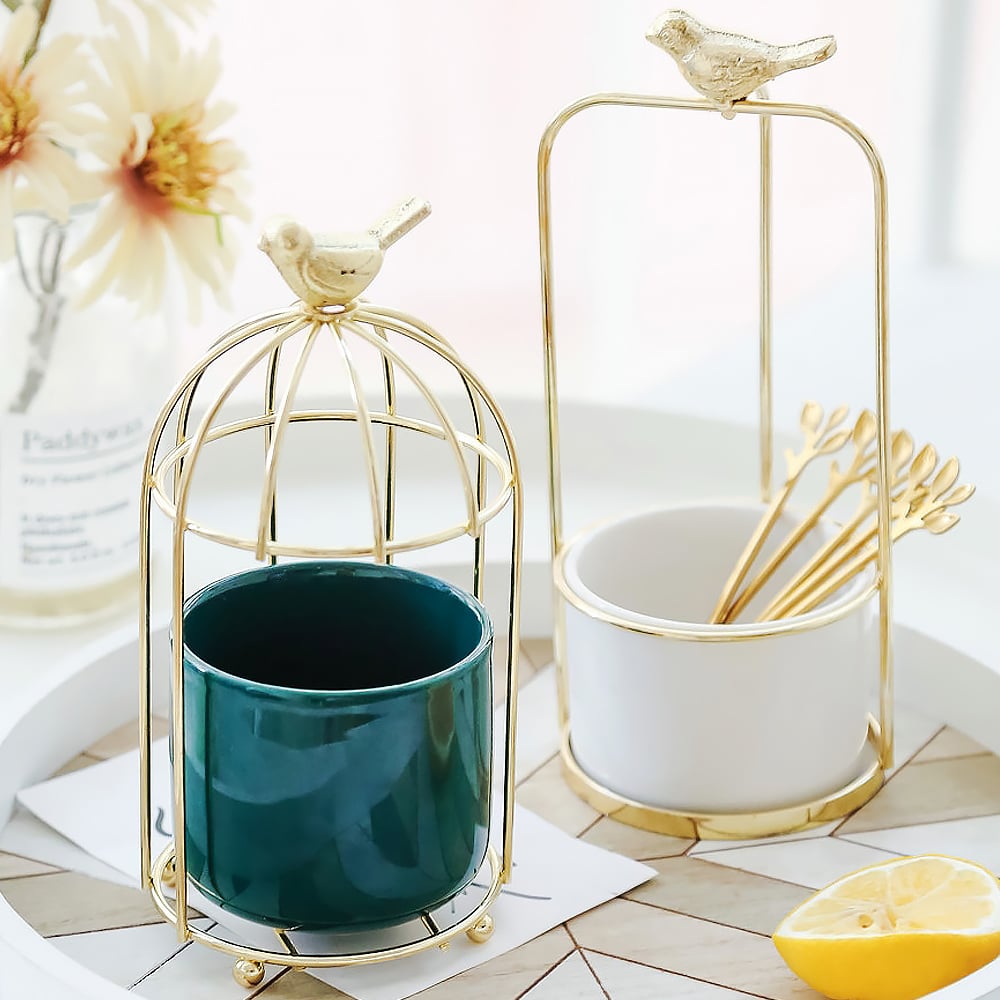 Bird Cage Utensil Organizer in Green&Gold/White&Gold-Green window image