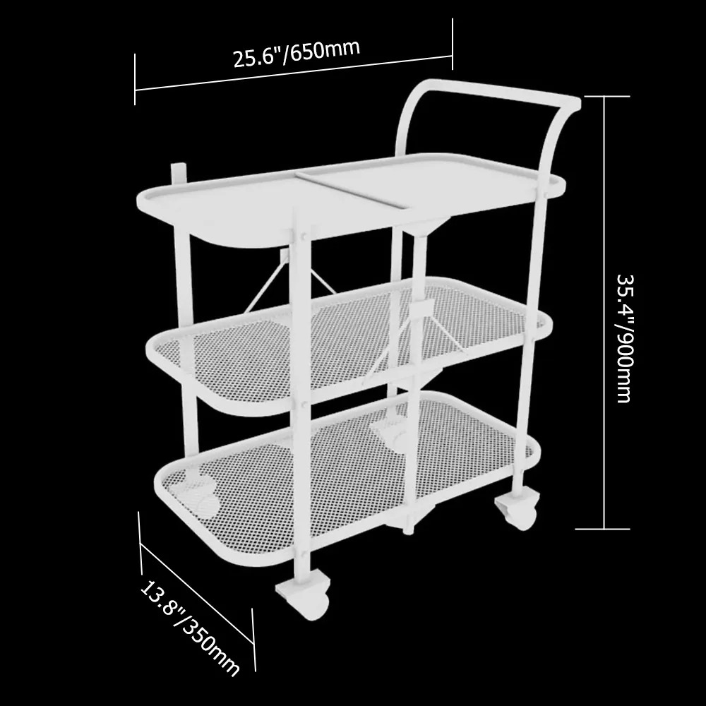 White Foldable Bar Cart 3-Tier 25.2" Rolling Serving Cart with Handle window image