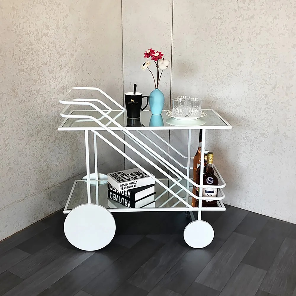 600mm 2-Tier Rolling Bar Serving Cart Tempered Glass White for Kitchen in Small window image