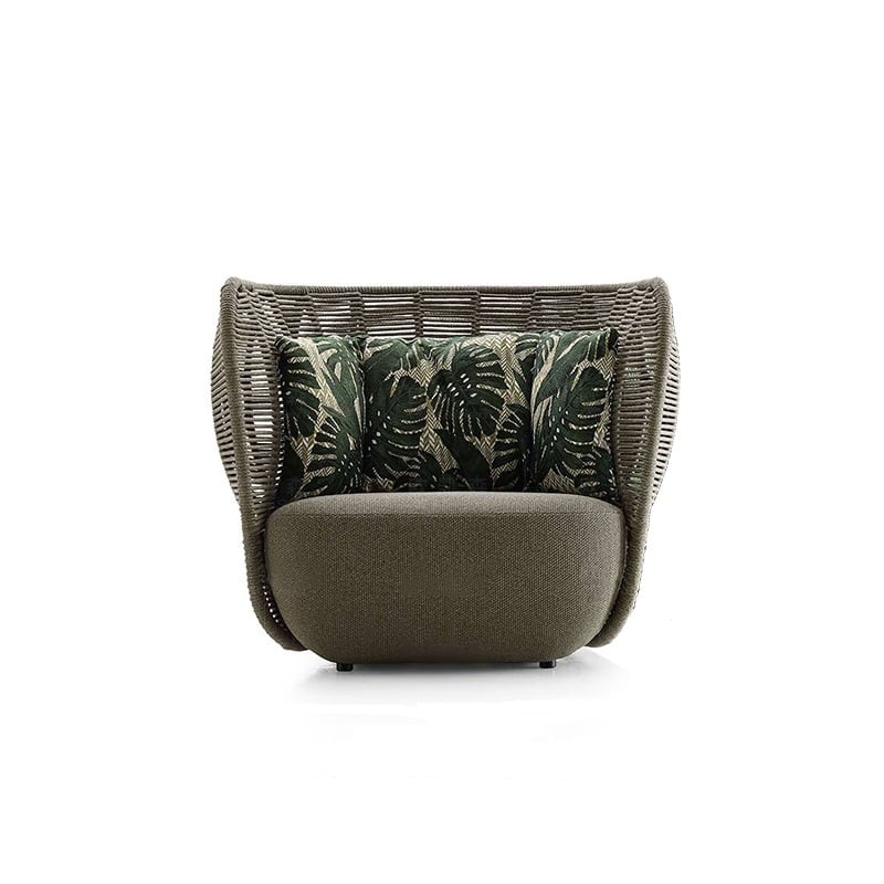 Tropische stijl donkergrijze rotan outdoor vatstoel Patio fauteuil met kussenkussen Vensterafbeelding