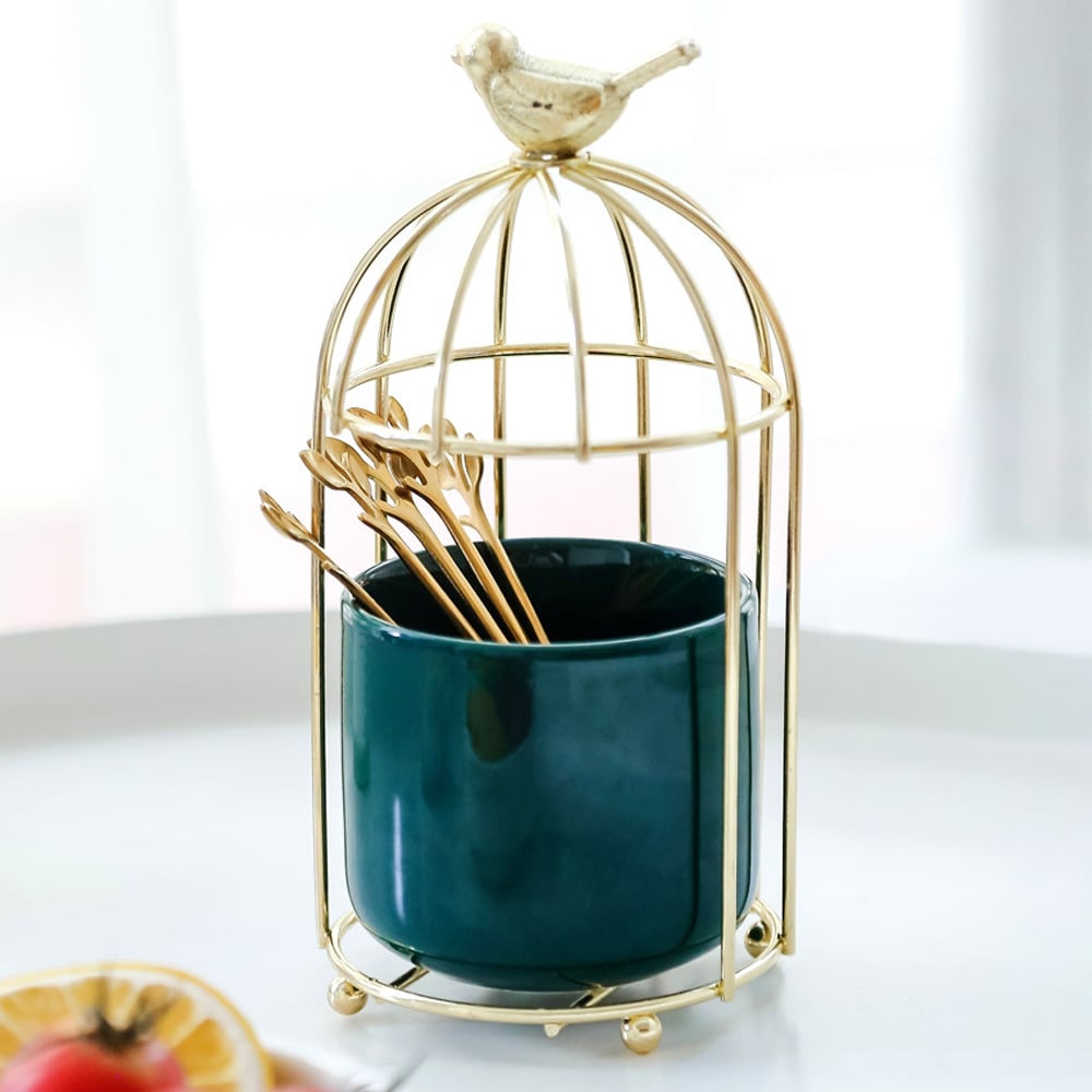 Bird Cage Utensil Organizer in Green&Gold/White&Gold-Green window image