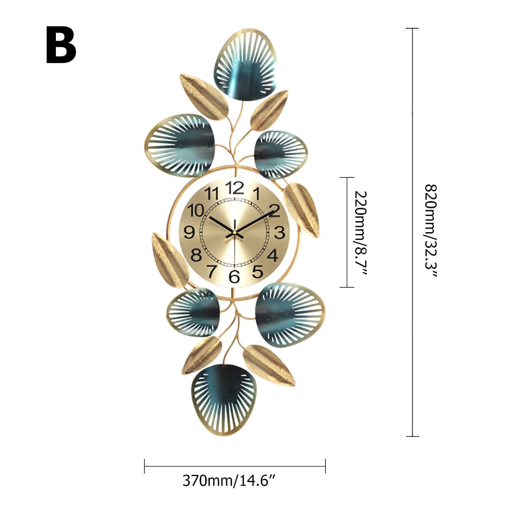Gold & Green Metal Leaves Round Large Wall Clock Handmade Creative Home Decor window image