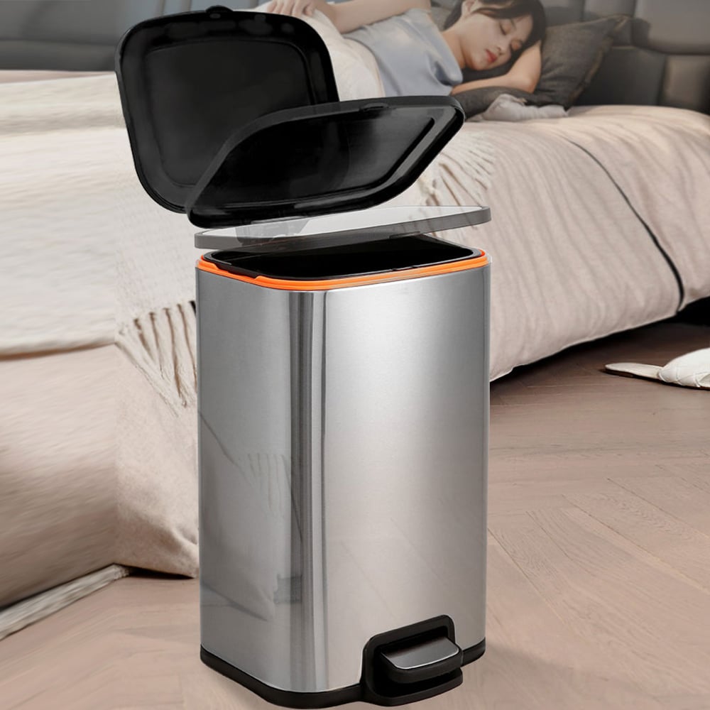Poubelle cylindrique longue en acier inoxydable à pédale argentée avec couvercle image de fenêtre