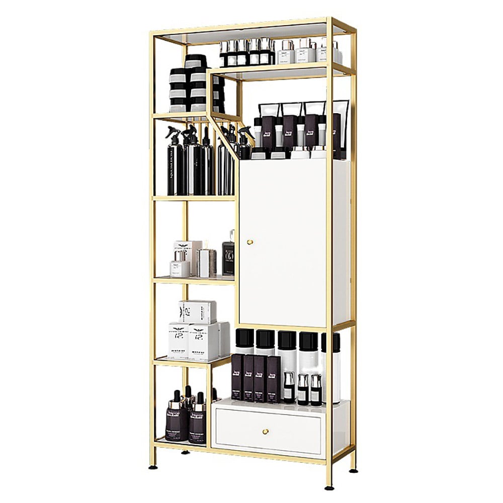 Contemporary Standing Standard Bookshelf with Door and Drawer in Gold & White window image