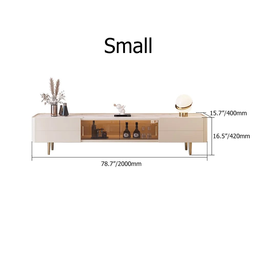 Nordic 79" Light Khaki TV Stand Sintered Stone Top Tempered Glass Doors Media Console window image