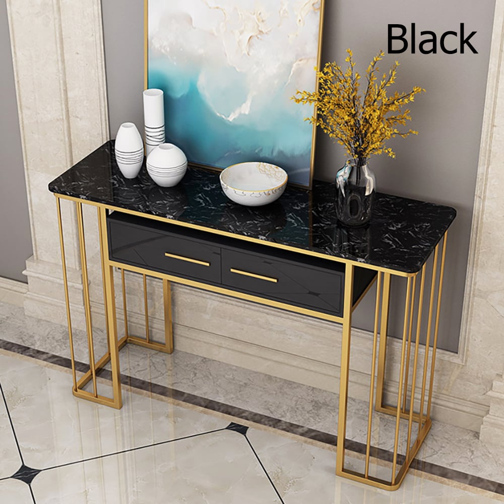 Black Modern Console Table with Storage Marble Top & Metal Frame window image