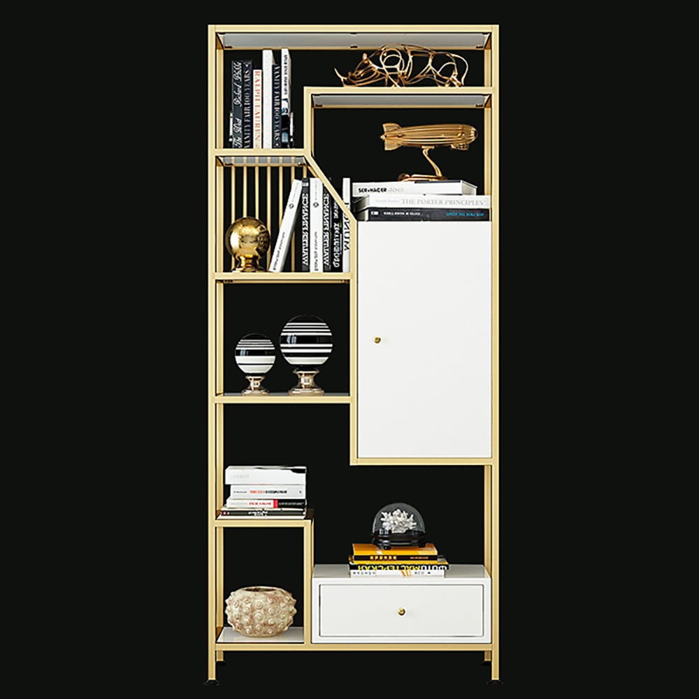 Contemporary Standing Standard Bookshelf with Door and Drawer in Gold & White window image
