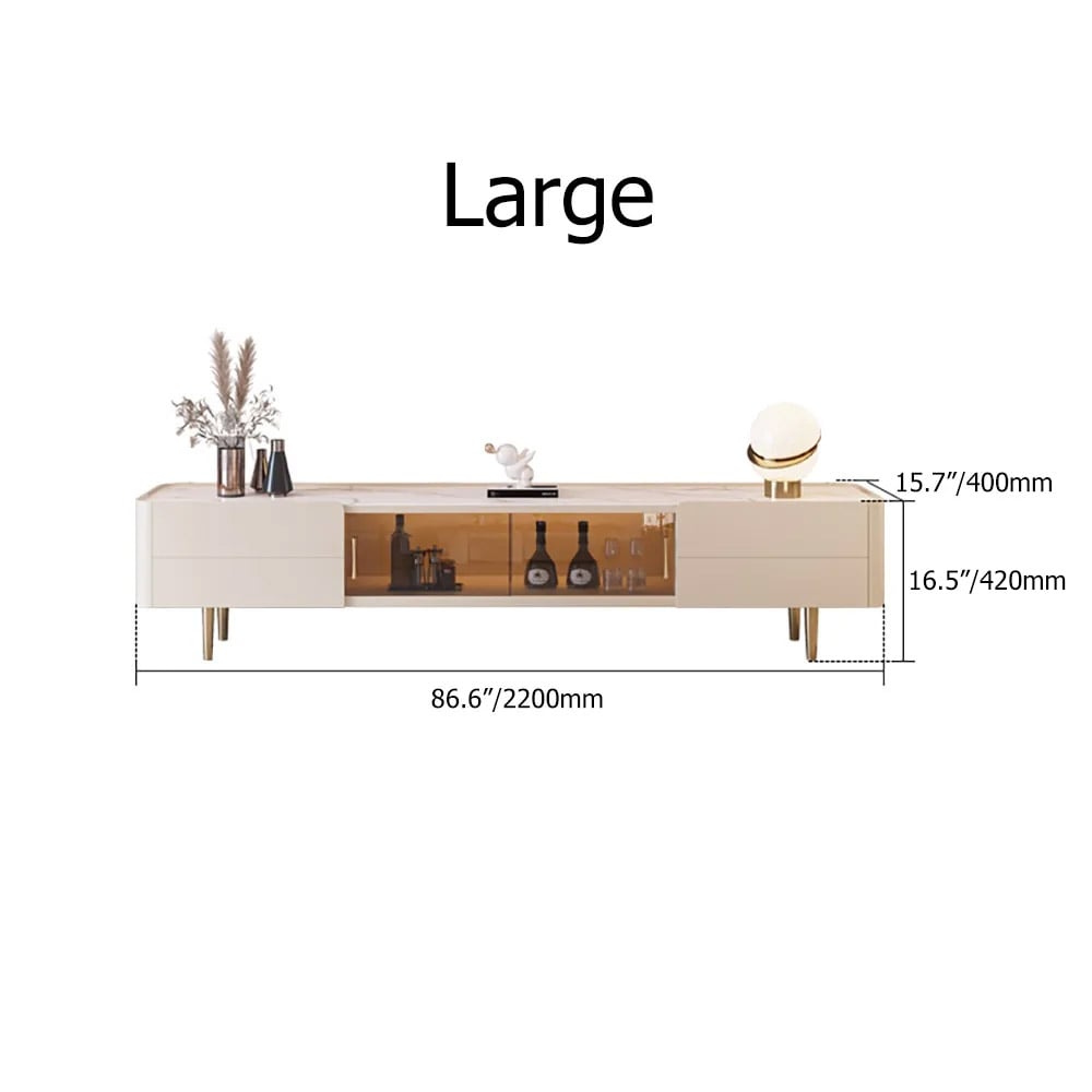 Nordic 79" Light Khaki TV Stand Sintered Stone Top Tempered Glass Doors Media Console window image