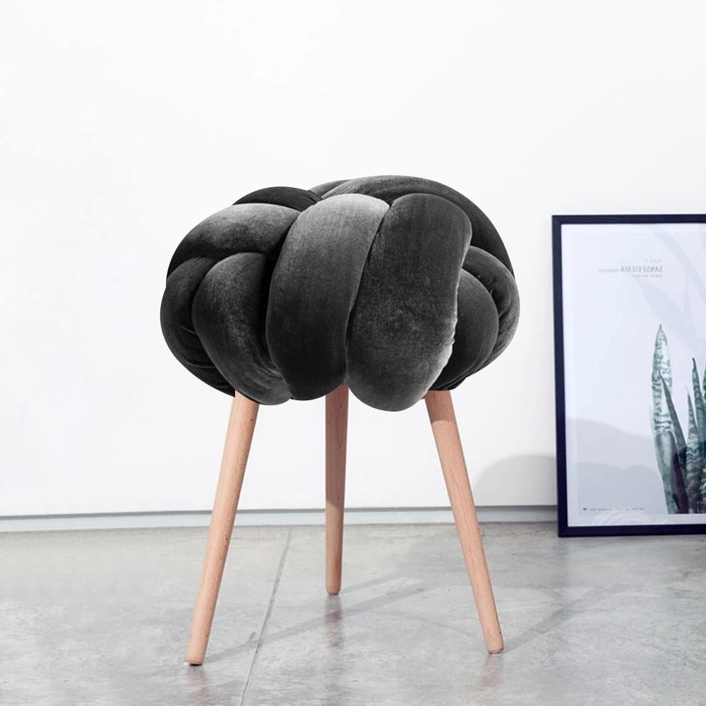 Gray Nordic Ottoman Knot Round Velvet Stool Upholstered Triangle Legs Ottoman window image