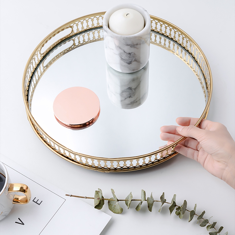 Gold Round Glass Mirror Serving Vanity Tray window image