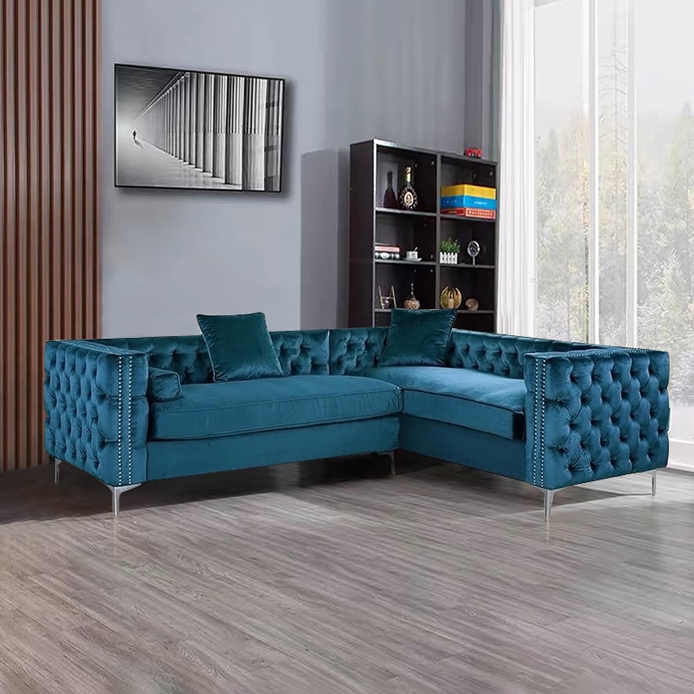 Blue Sofa Sectionals Velvet Upholstered Sofa Chesterfield Sofa in Stainless Steel window image