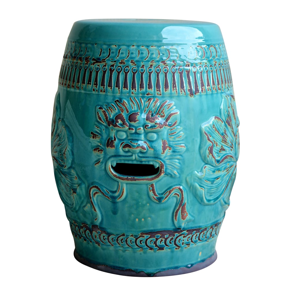 350mm Ceramic Garden Stool End Table with Cracked Ice Lion Face Pattern Cyan window image