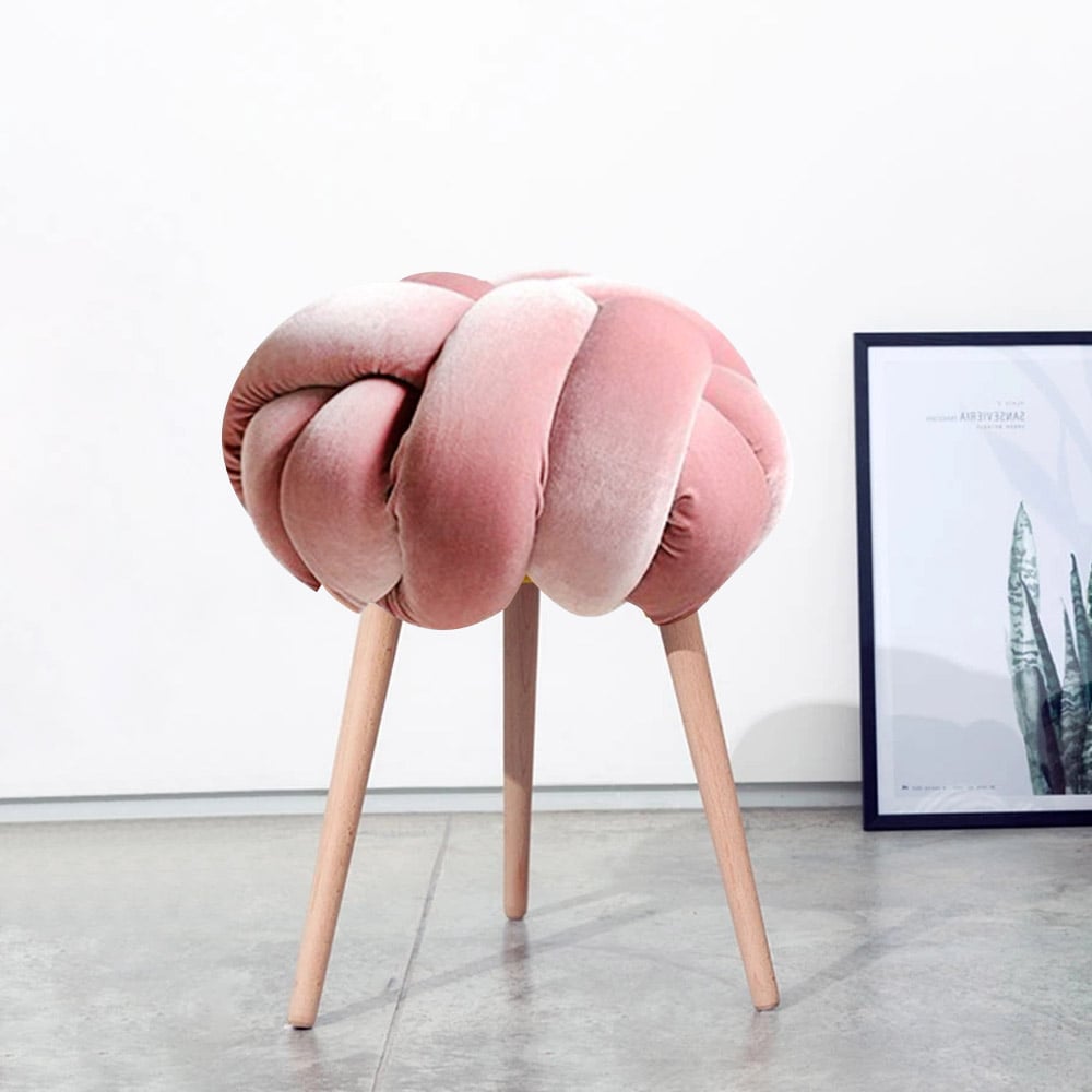 Pink Nordic Ottoman Knot Round Velvet Stool Upholstered Triangle Legs Ottoman window image