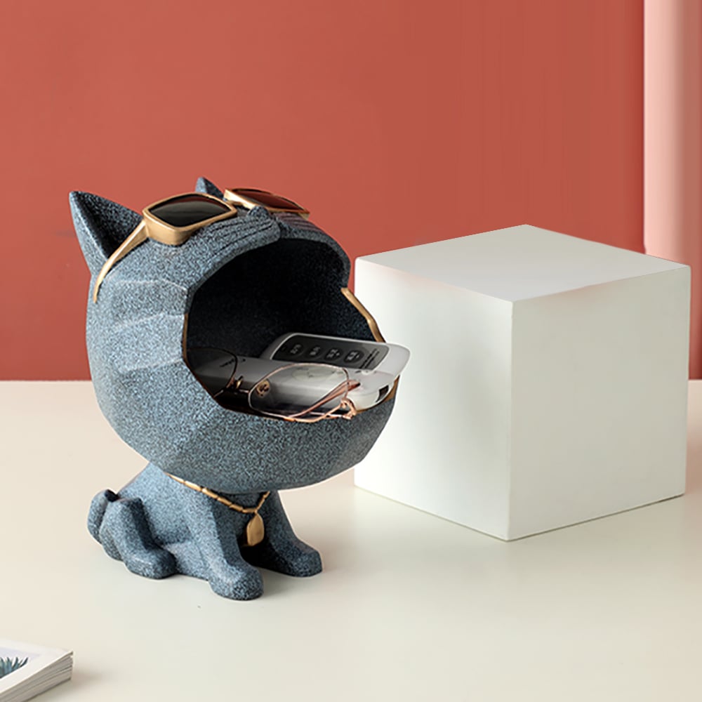 Cat Sculpture Blue Desk Organiser Entryway Key Holder window image