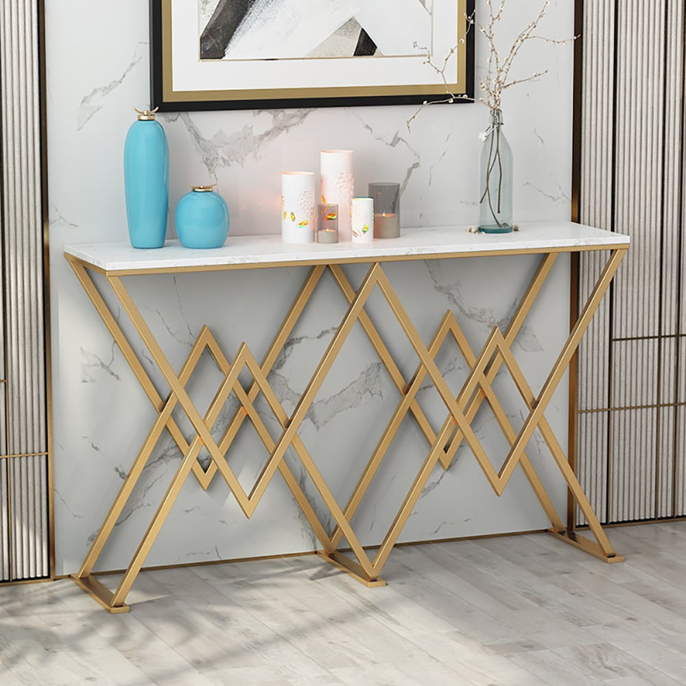 Modern White Narrow Console Table with Marble Top & Goal Metal Frame window image