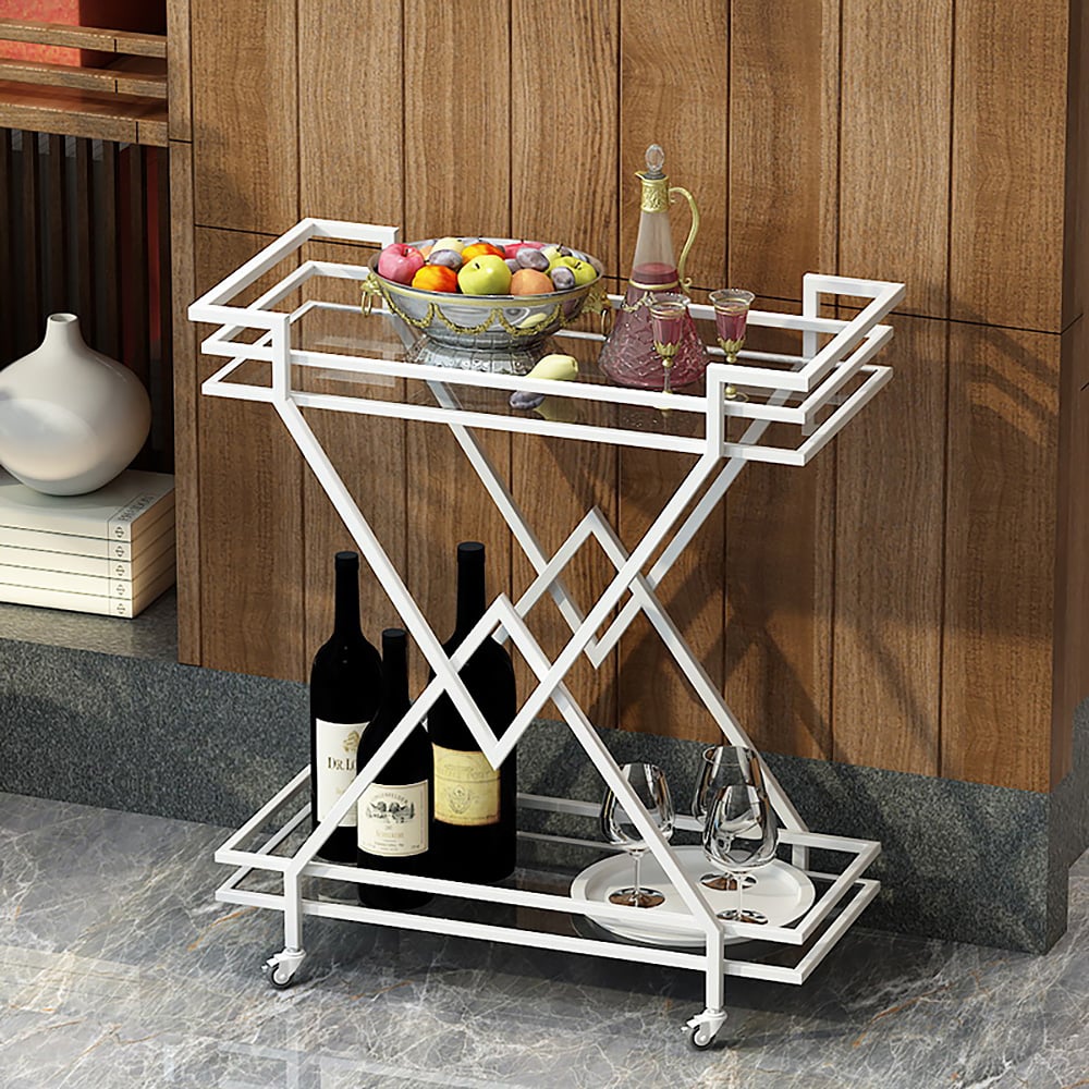 27.6" 2-Tier Rolling Bar Serving Cart with Handles X-Frame in White window image