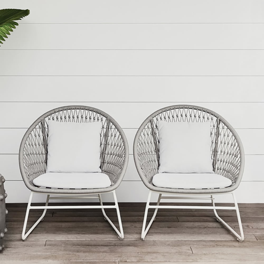 White Rattan Patio Side Chair with Cushion Aluminum Frame window image