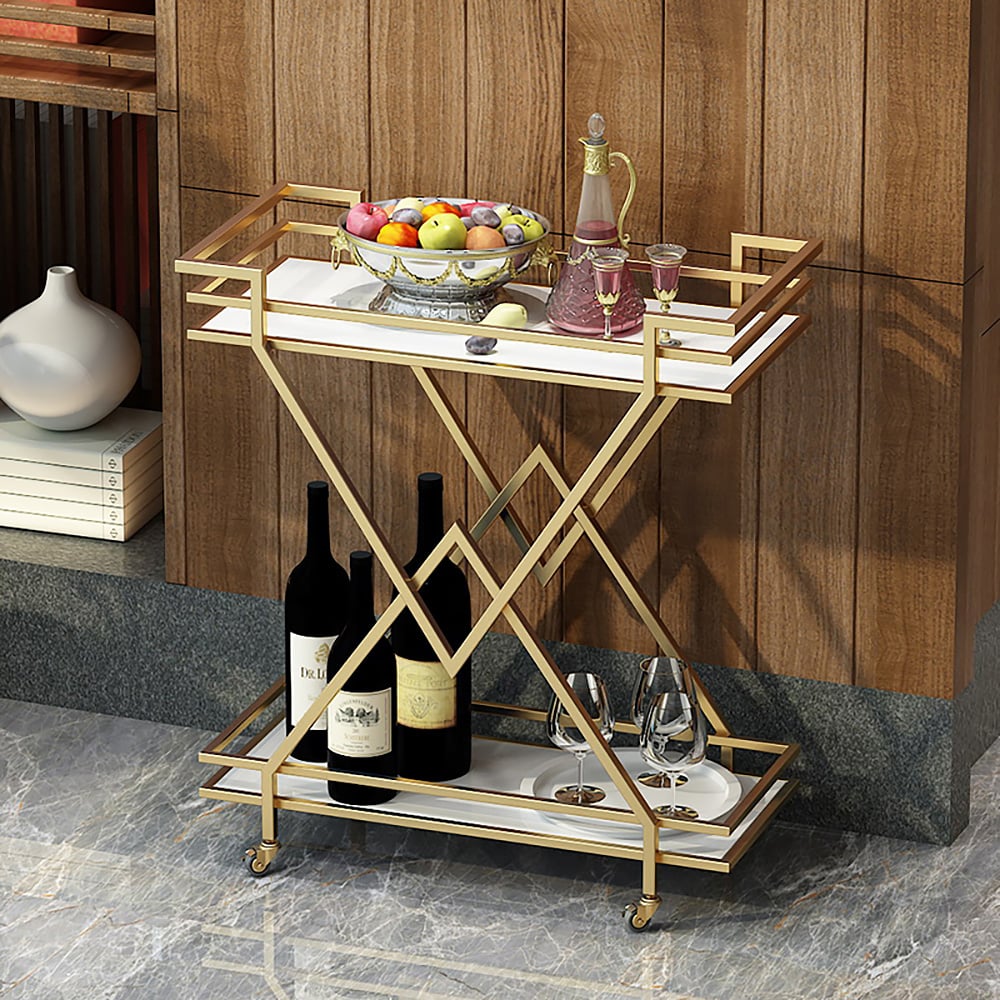 27.6" 2-Tier Rolling Bar Serving Cart with Handles X-Frame in Gold window image