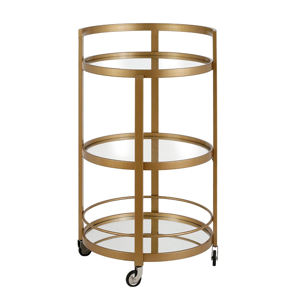 Gold Modern Round Bar Cart on Wheels 3 Tiers Glass and Metal window image