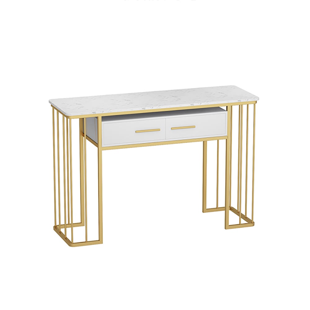 Console moderne blanche avec plateau de rangement en marbre et cadre en métal image de fenêtre