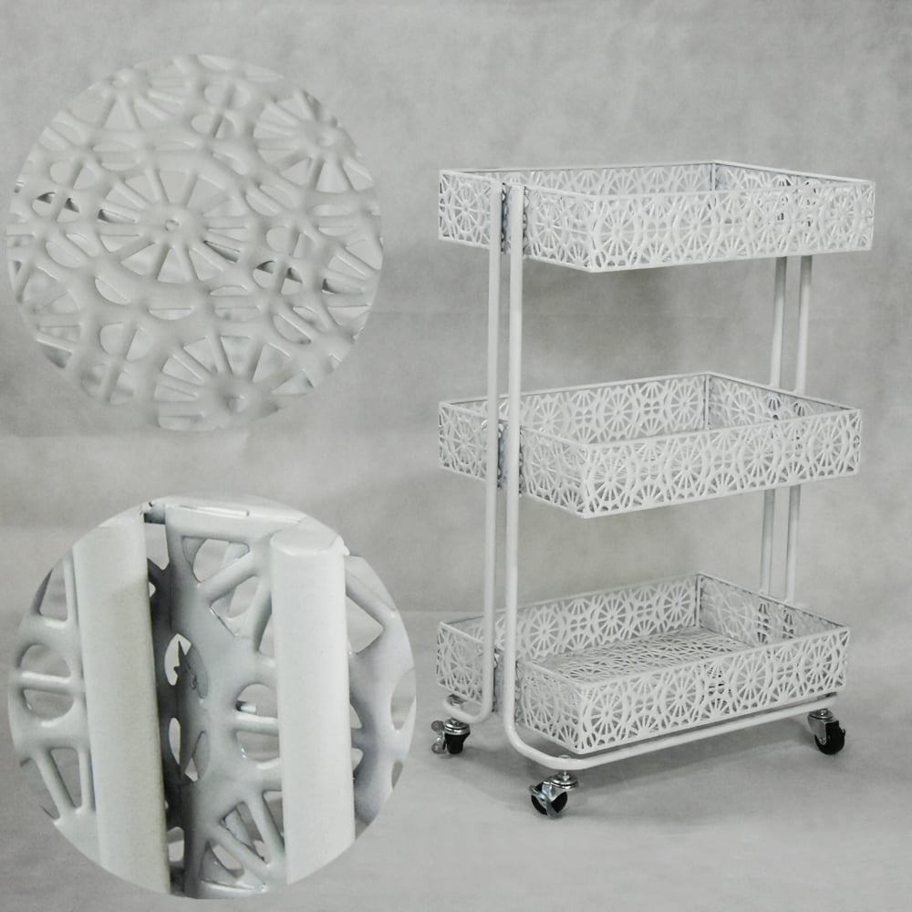 3-Tier Modern Metal Bar Cart on Wheels White window image