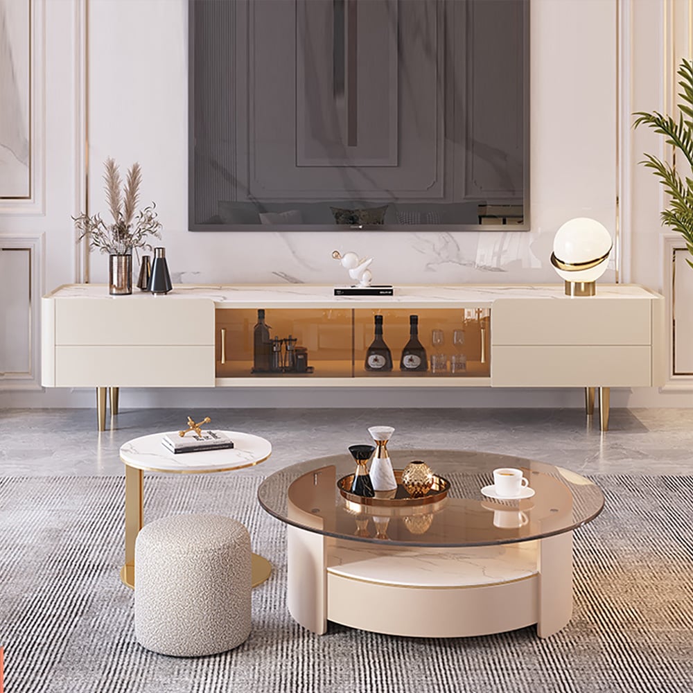 Nordic 79" Light Khaki TV Stand Sintered Stone Top Tempered Glass Doors Media Console window image