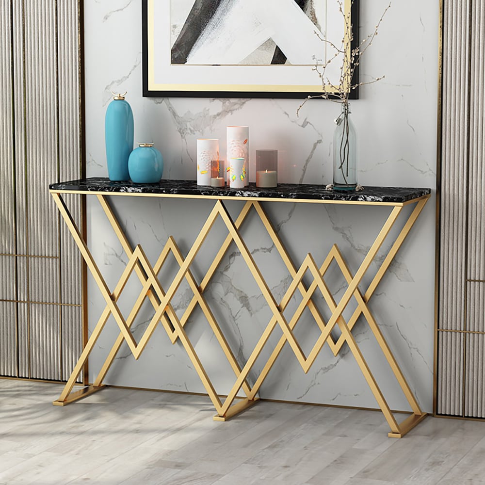 Modern Black Narrow Console Table with Marble Top & Goal Metal Frame window image