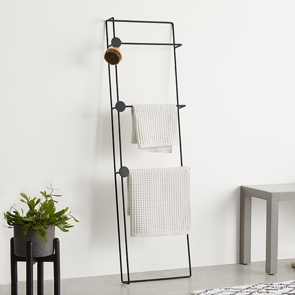 Unique Freestanding Bath Ladder-Shaped Storage Towel Rack - Black window image