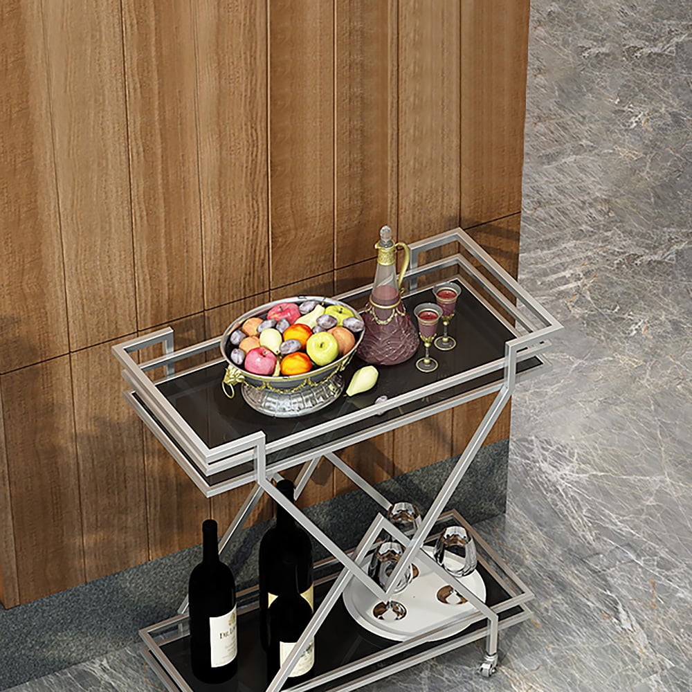 Chariot de service à barres roulantes à 2 niveaux de 27,6 po avec poignées X-Frame en argent image de fenêtre