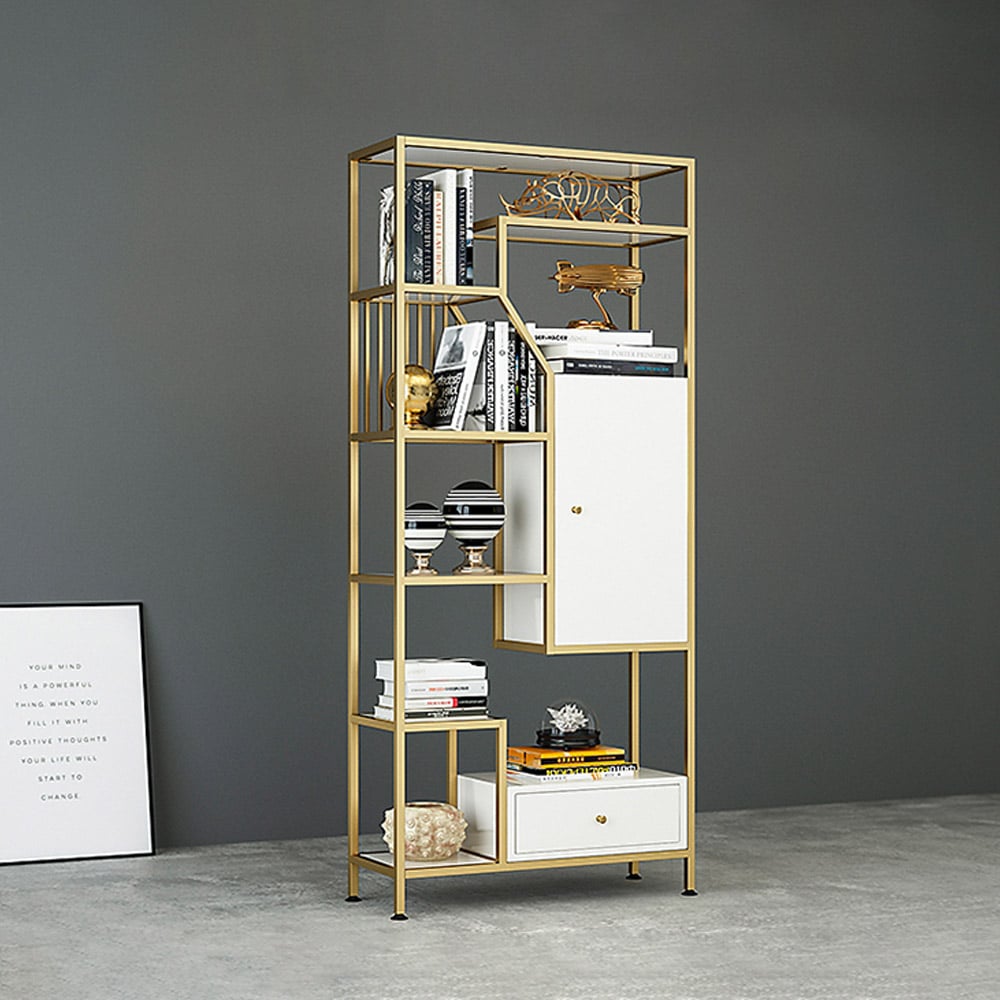 Contemporary Standing Standard Bookshelf with Door and Drawer in Gold & White window image