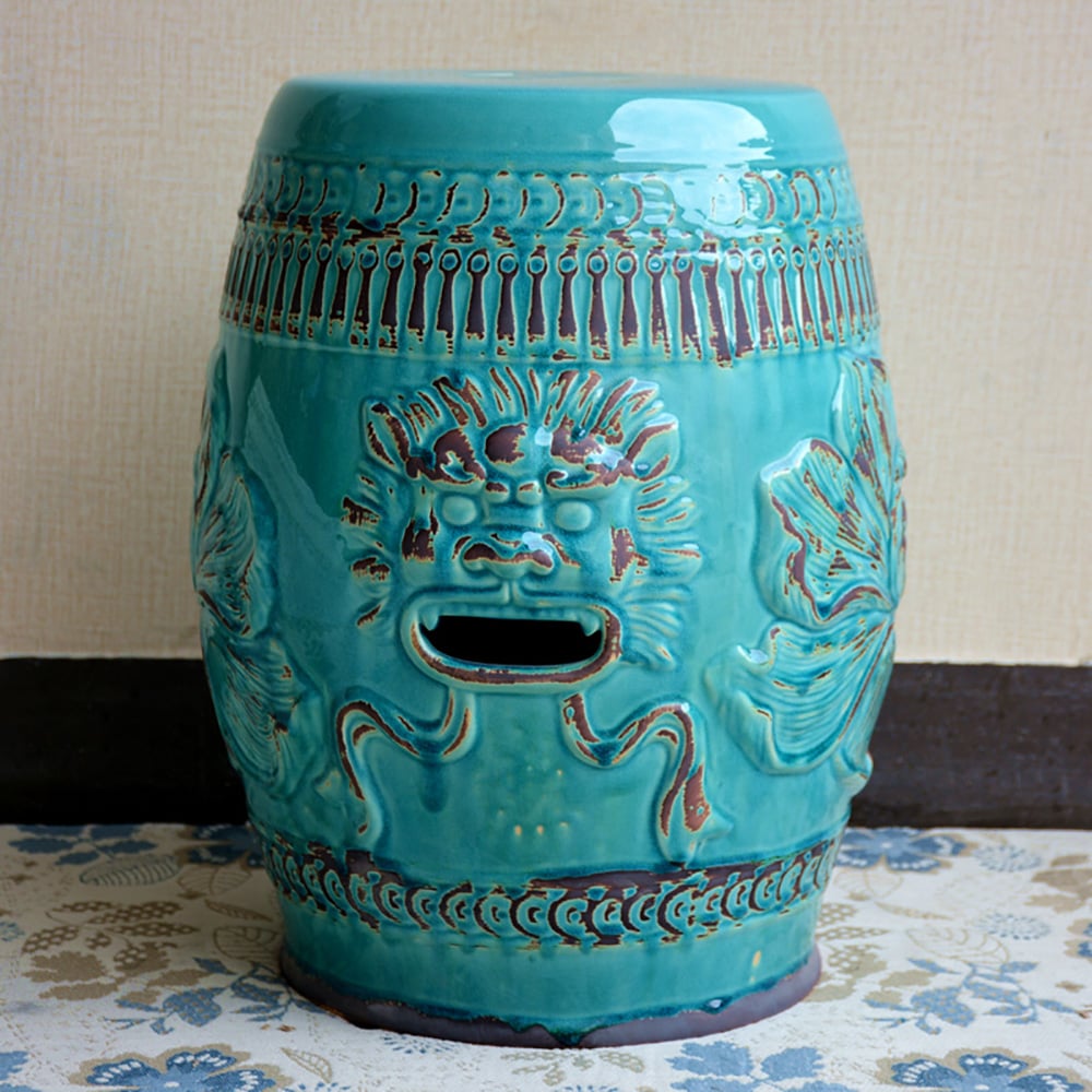 350mm Ceramic Garden Stool End Table with Cracked Ice Lion Face Pattern Cyan window image